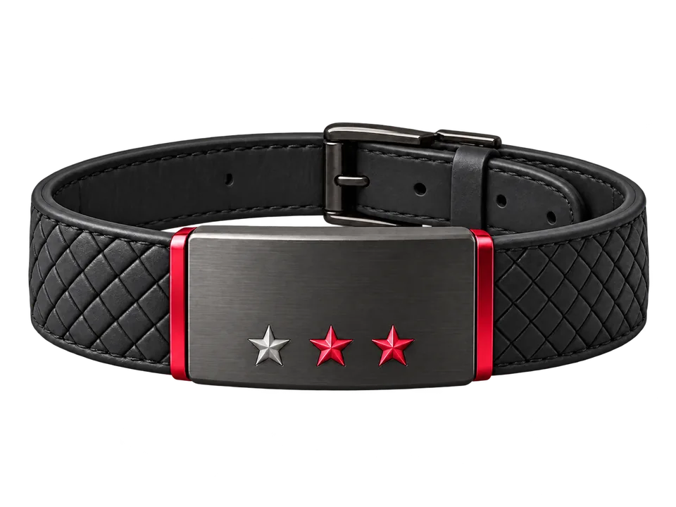 Exemple de bracelet anthracite sans marque, à motif tressé, avec une plaque sombre bordée de rouge et trois étoiles, une argentée et deux rouges.